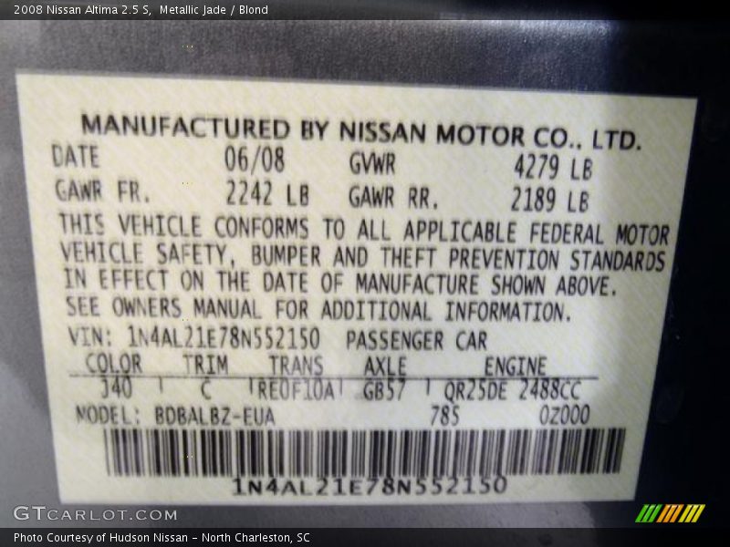 Metallic Jade / Blond 2008 Nissan Altima 2.5 S