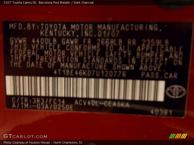Barcelona Red Metallic / Dark Charcoal 2007 Toyota Camry SE