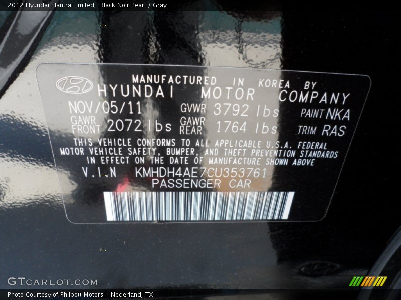 Black Noir Pearl / Gray 2012 Hyundai Elantra Limited