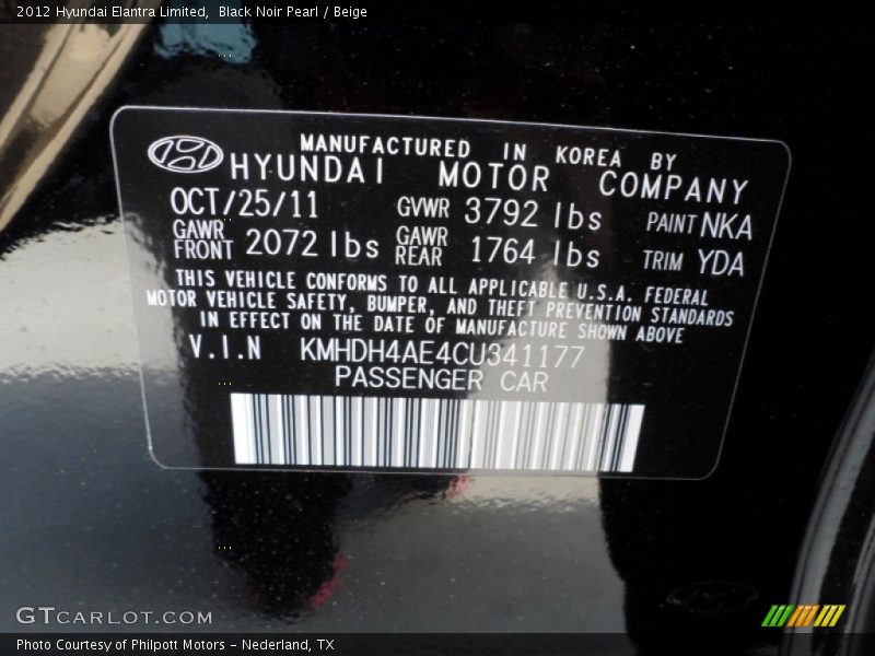 Black Noir Pearl / Beige 2012 Hyundai Elantra Limited