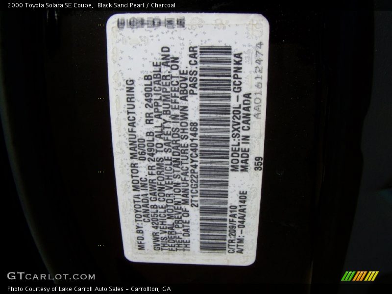 Black Sand Pearl / Charcoal 2000 Toyota Solara SE Coupe