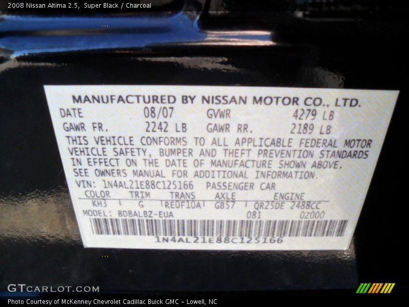 Super Black / Charcoal 2008 Nissan Altima 2.5