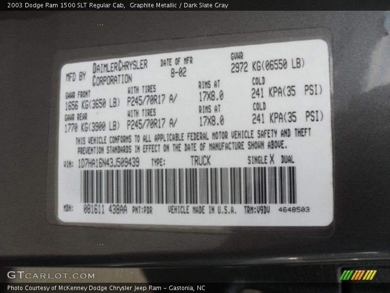 Graphite Metallic / Dark Slate Gray 2003 Dodge Ram 1500 SLT Regular Cab