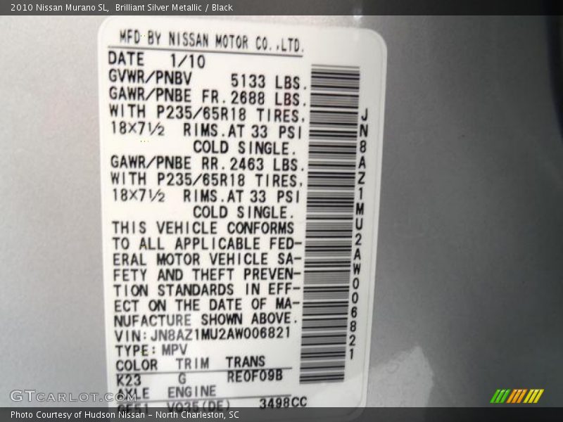 Brilliant Silver Metallic / Black 2010 Nissan Murano SL