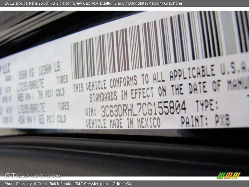 2012 Ram 3500 HD Big Horn Crew Cab 4x4 Dually Black Color Code PX8
