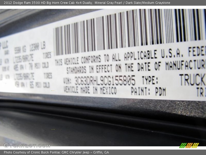 2012 Ram 3500 HD Big Horn Crew Cab 4x4 Dually Mineral Gray Pearl Color Code PDM