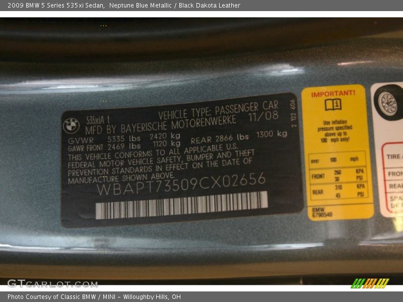 Neptune Blue Metallic / Black Dakota Leather 2009 BMW 5 Series 535xi Sedan