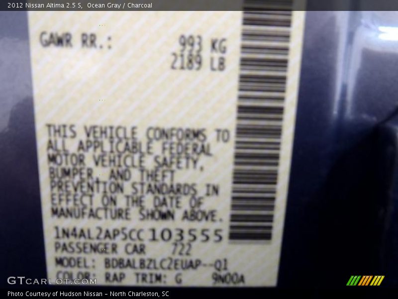 Ocean Gray / Charcoal 2012 Nissan Altima 2.5 S