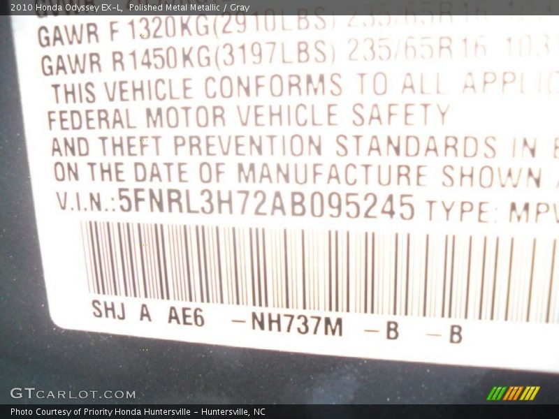 Polished Metal Metallic / Gray 2010 Honda Odyssey EX-L