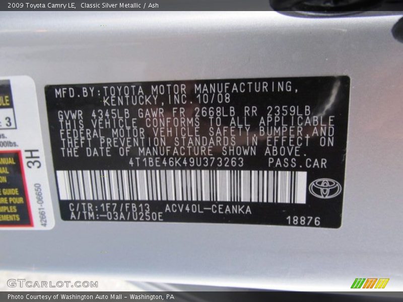 Classic Silver Metallic / Ash 2009 Toyota Camry LE
