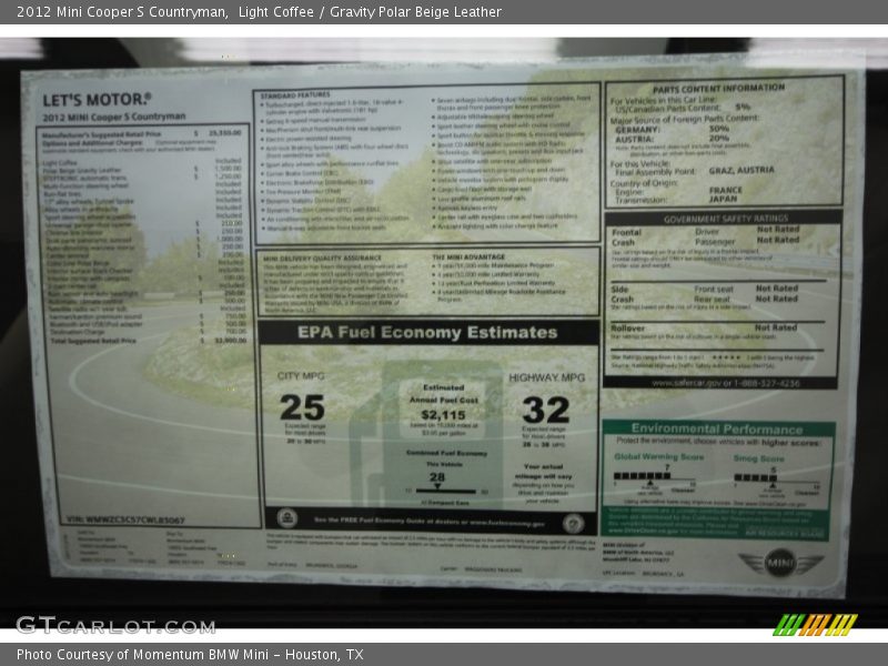 Light Coffee / Gravity Polar Beige Leather 2012 Mini Cooper S Countryman
