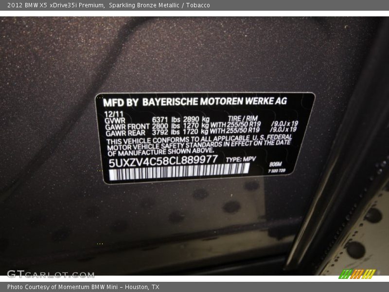 Sparkling Bronze Metallic / Tobacco 2012 BMW X5 xDrive35i Premium