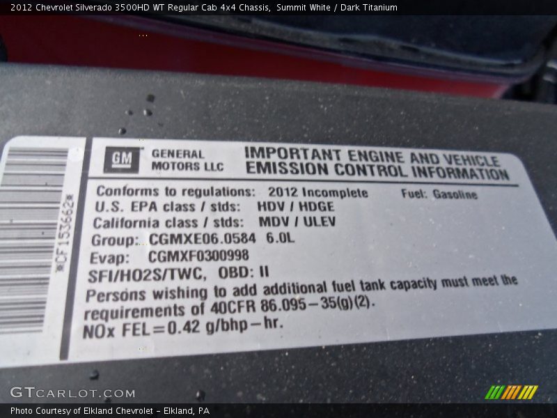 Info Tag of 2012 Silverado 3500HD WT Regular Cab 4x4 Chassis