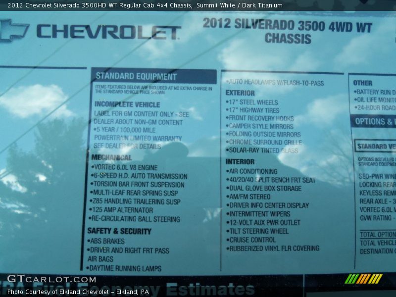  2012 Silverado 3500HD WT Regular Cab 4x4 Chassis Window Sticker