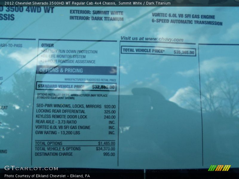  2012 Silverado 3500HD WT Regular Cab 4x4 Chassis Window Sticker
