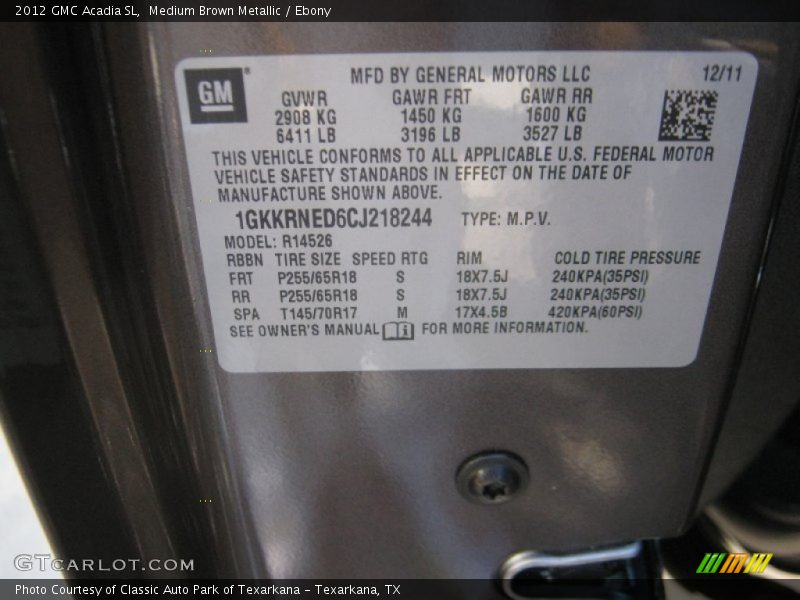 Medium Brown Metallic / Ebony 2012 GMC Acadia SL