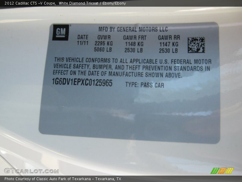 Info Tag of 2012 CTS -V Coupe