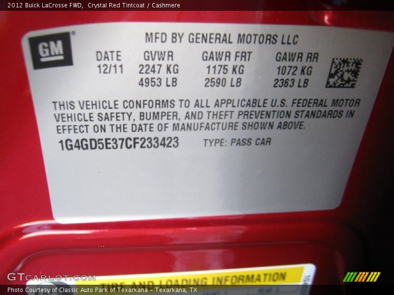 Crystal Red Tintcoat / Cashmere 2012 Buick LaCrosse FWD