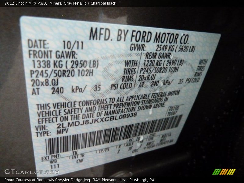 2012 MKX AWD Mineral Gray Metallic Color Code TK