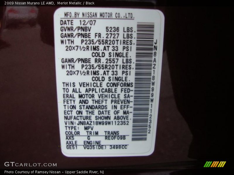Merlot Metallic / Black 2009 Nissan Murano LE AWD