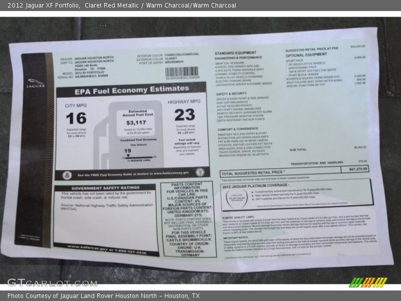  2012 XF Portfolio Window Sticker