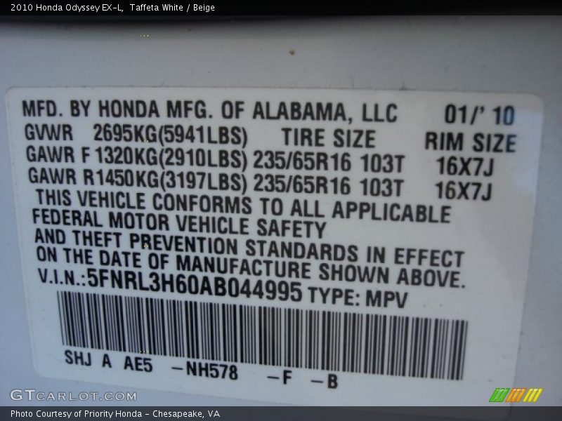 Taffeta White / Beige 2010 Honda Odyssey EX-L