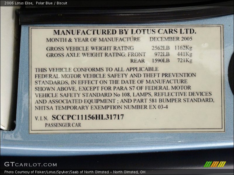 Info Tag of 2006 Elise 