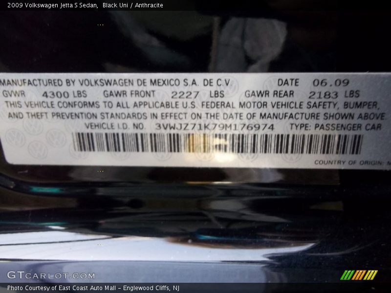 Black Uni / Anthracite 2009 Volkswagen Jetta S Sedan