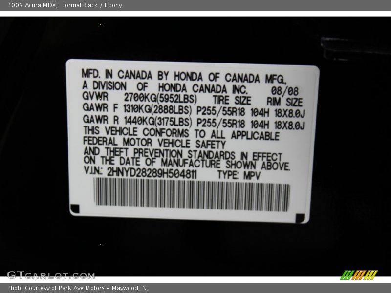 Formal Black / Ebony 2009 Acura MDX