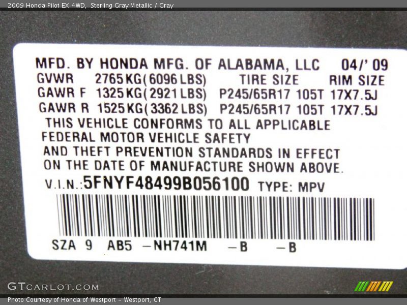 Sterling Gray Metallic / Gray 2009 Honda Pilot EX 4WD