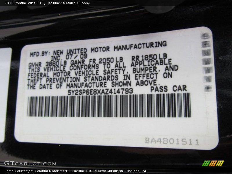 Jet Black Metallic / Ebony 2010 Pontiac Vibe 1.8L