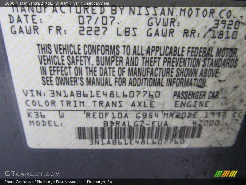 Brilliant Silver / Charcoal/Steel 2008 Nissan Sentra 2.0 SL