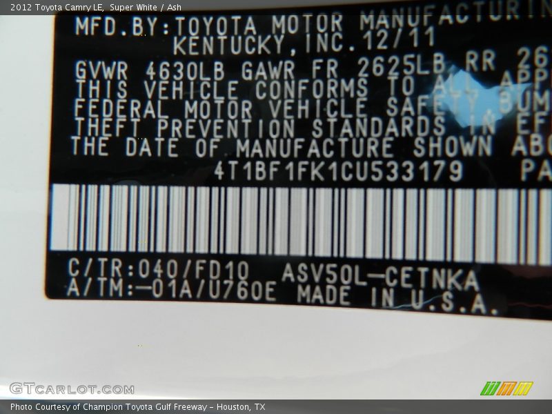 Super White / Ash 2012 Toyota Camry LE