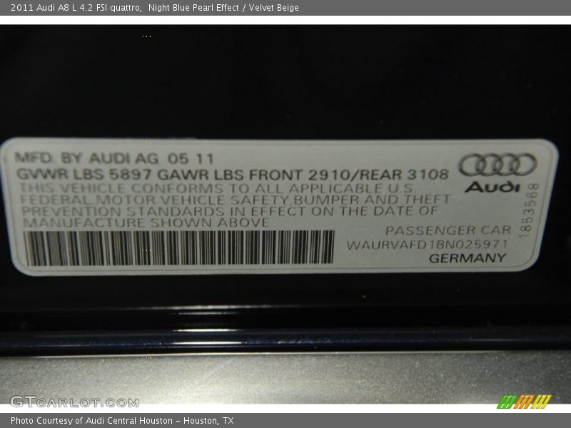 Night Blue Pearl Effect / Velvet Beige 2011 Audi A8 L 4.2 FSI quattro