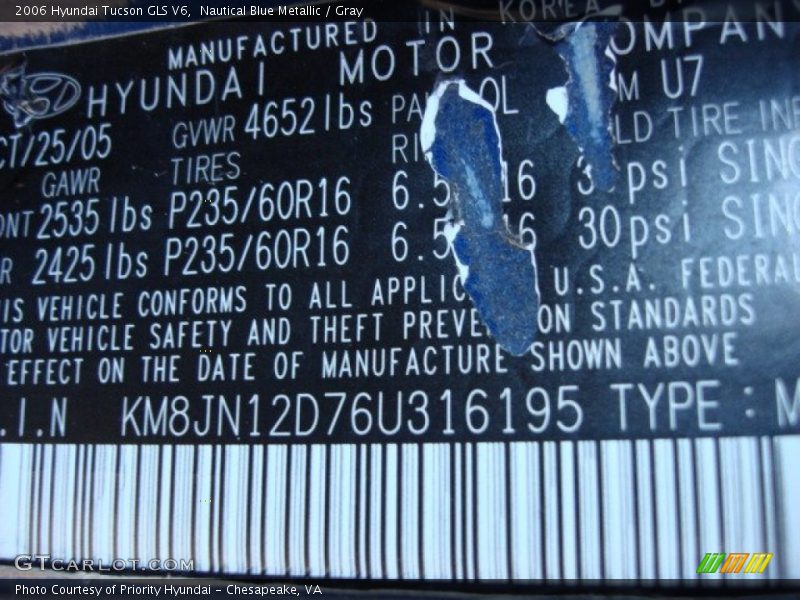 Nautical Blue Metallic / Gray 2006 Hyundai Tucson GLS V6