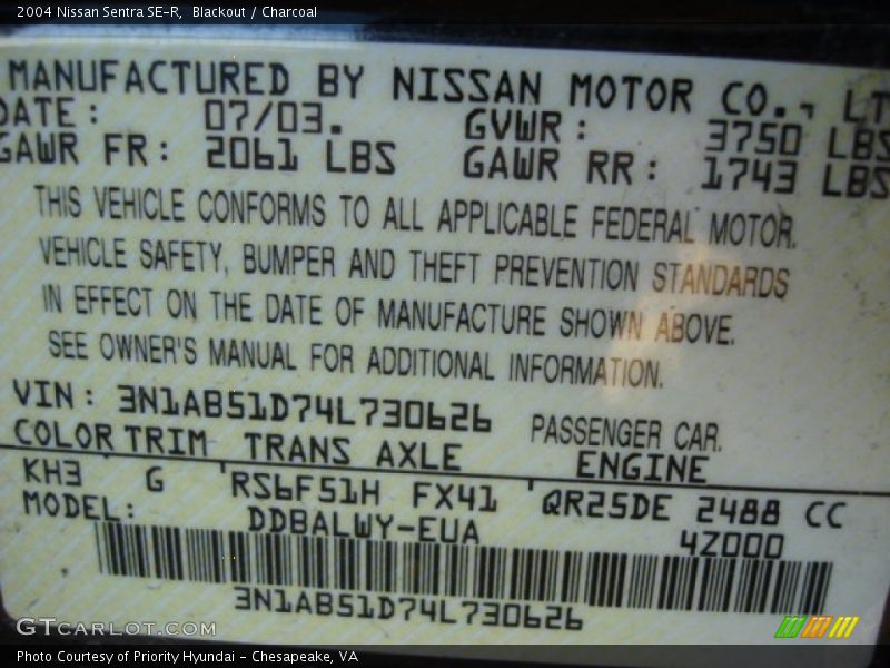 2004 Sentra SE-R Blackout Color Code KH3
