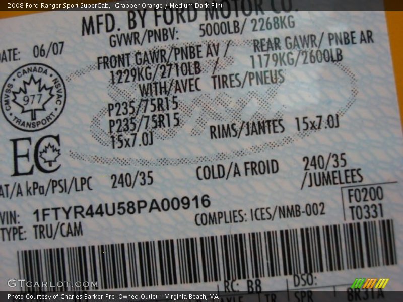 2008 Ranger Sport SuperCab Grabber Orange Color Code U3