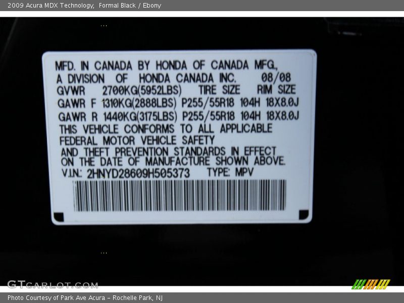 Formal Black / Ebony 2009 Acura MDX Technology