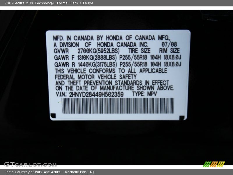Formal Black / Taupe 2009 Acura MDX Technology