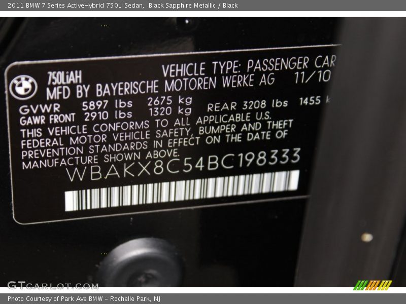 Info Tag of 2011 7 Series ActiveHybrid 750Li Sedan