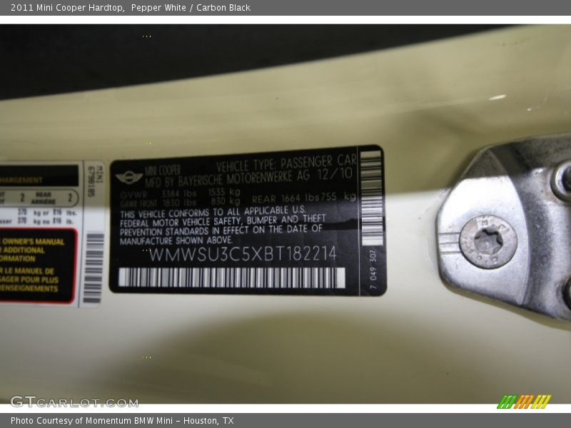 Pepper White / Carbon Black 2011 Mini Cooper Hardtop