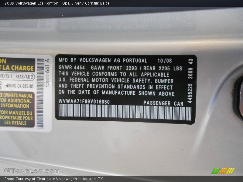 Opal Silver / Cornsilk Beige 2009 Volkswagen Eos Komfort