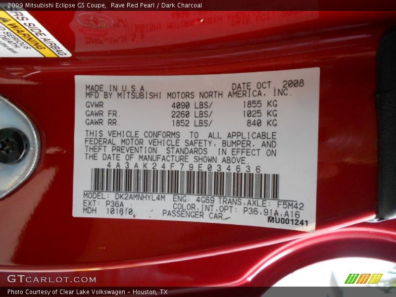 Rave Red Pearl / Dark Charcoal 2009 Mitsubishi Eclipse GS Coupe