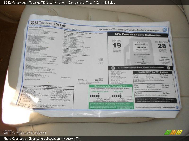  2012 Touareg TDI Lux 4XMotion Window Sticker