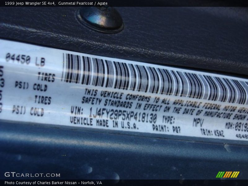 1999 Wrangler SE 4x4 Gunmetal Pearlcoat Color Code PQ7