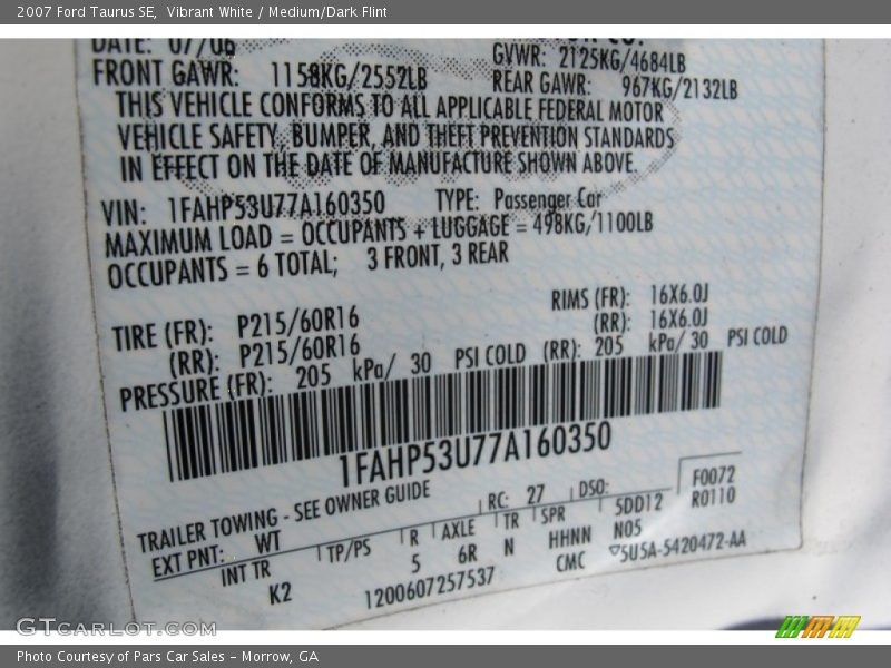 2007 Taurus SE Vibrant White Color Code WT