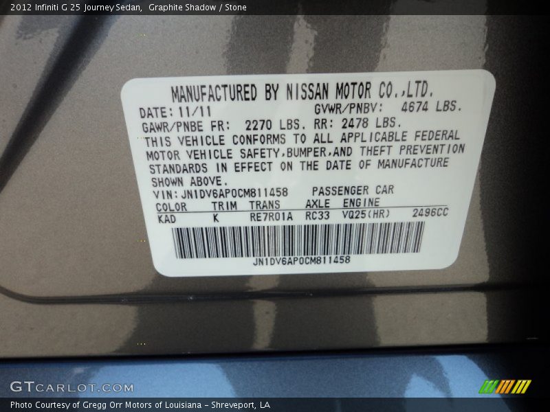 2012 G 25 Journey Sedan Graphite Shadow Color Code KAD