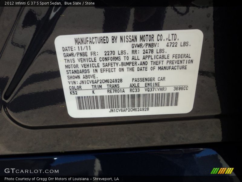 2012 G 37 S Sport Sedan Blue Slate Color Code K52