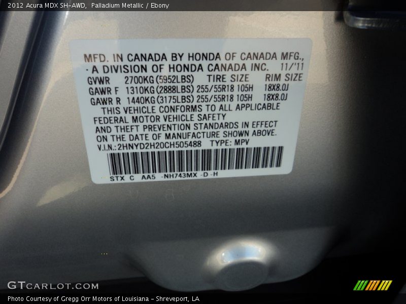 2012 MDX SH-AWD Palladium Metallic Color Code NH743MX