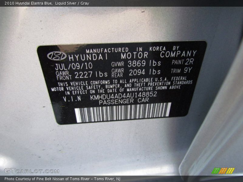 Liquid Silver / Gray 2010 Hyundai Elantra Blue